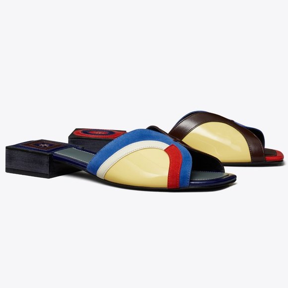 Tory Burch $348 Marquetry Slide Sandals Blue Red Brown 6 - Picture 6 of 12